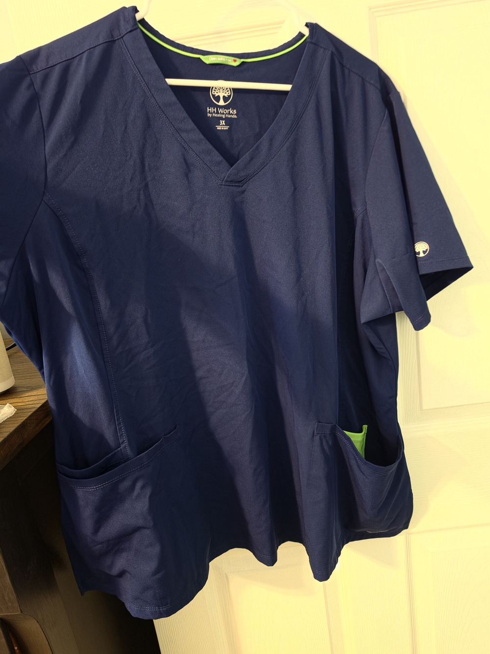 healing hands Navy Blue Short Sleeve V-Neck Scrub Top with Lime Trim
